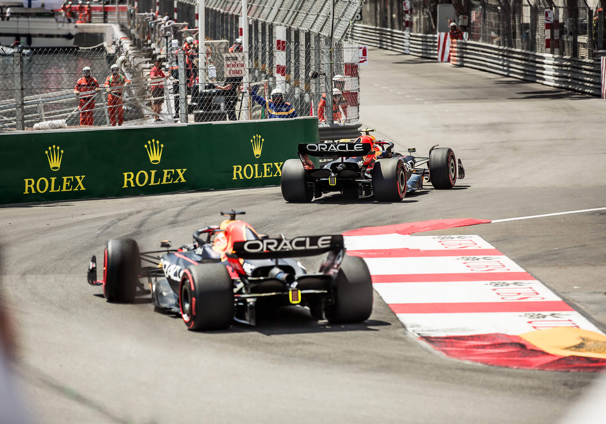 Two Red Bull F1 cars on the chicane at Monaco