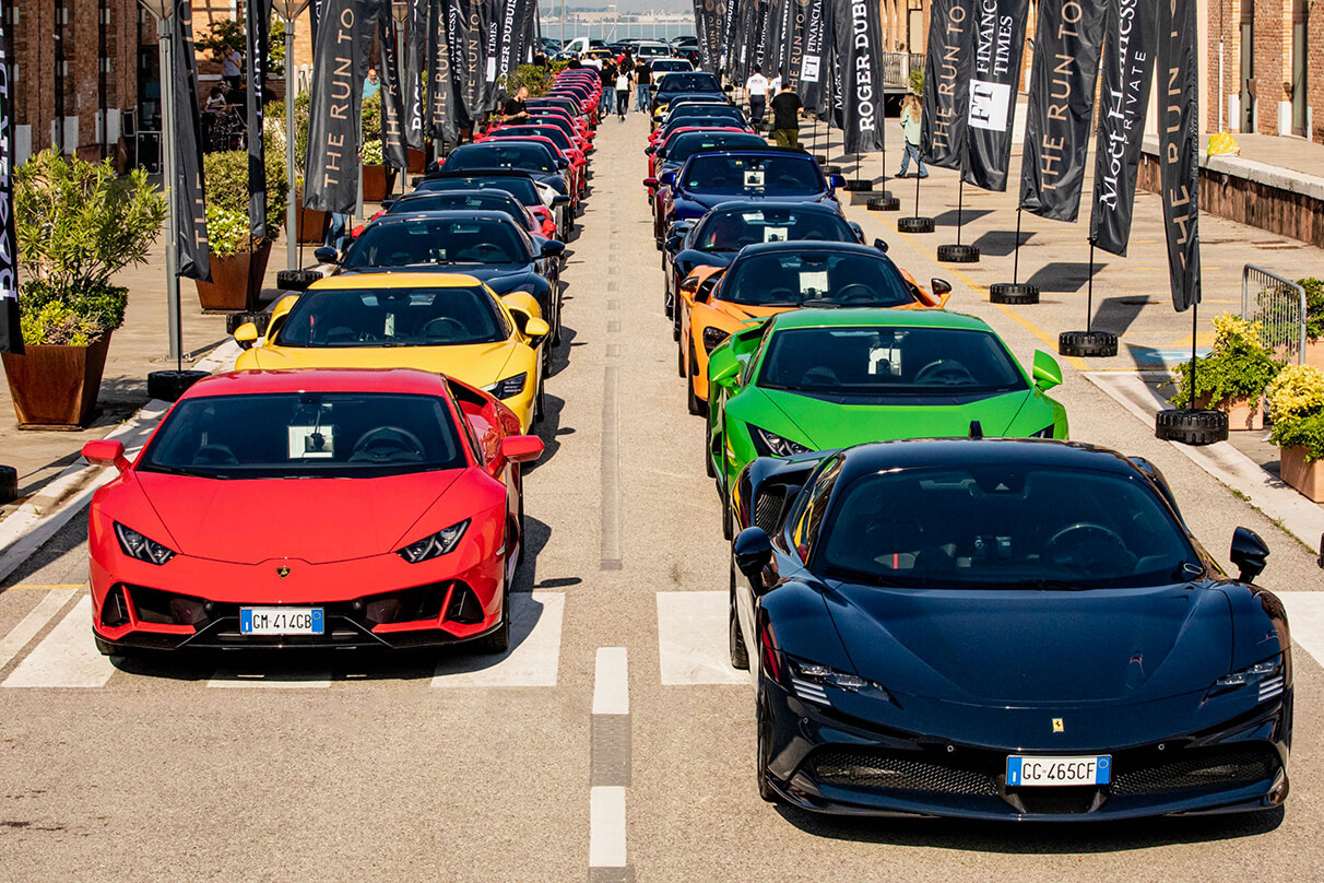 Line up of supercars for in Venice for the start of the Run To Monaco 2023